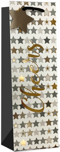 Gift Bag (Bottle): Cheers Gold and Grey Stars